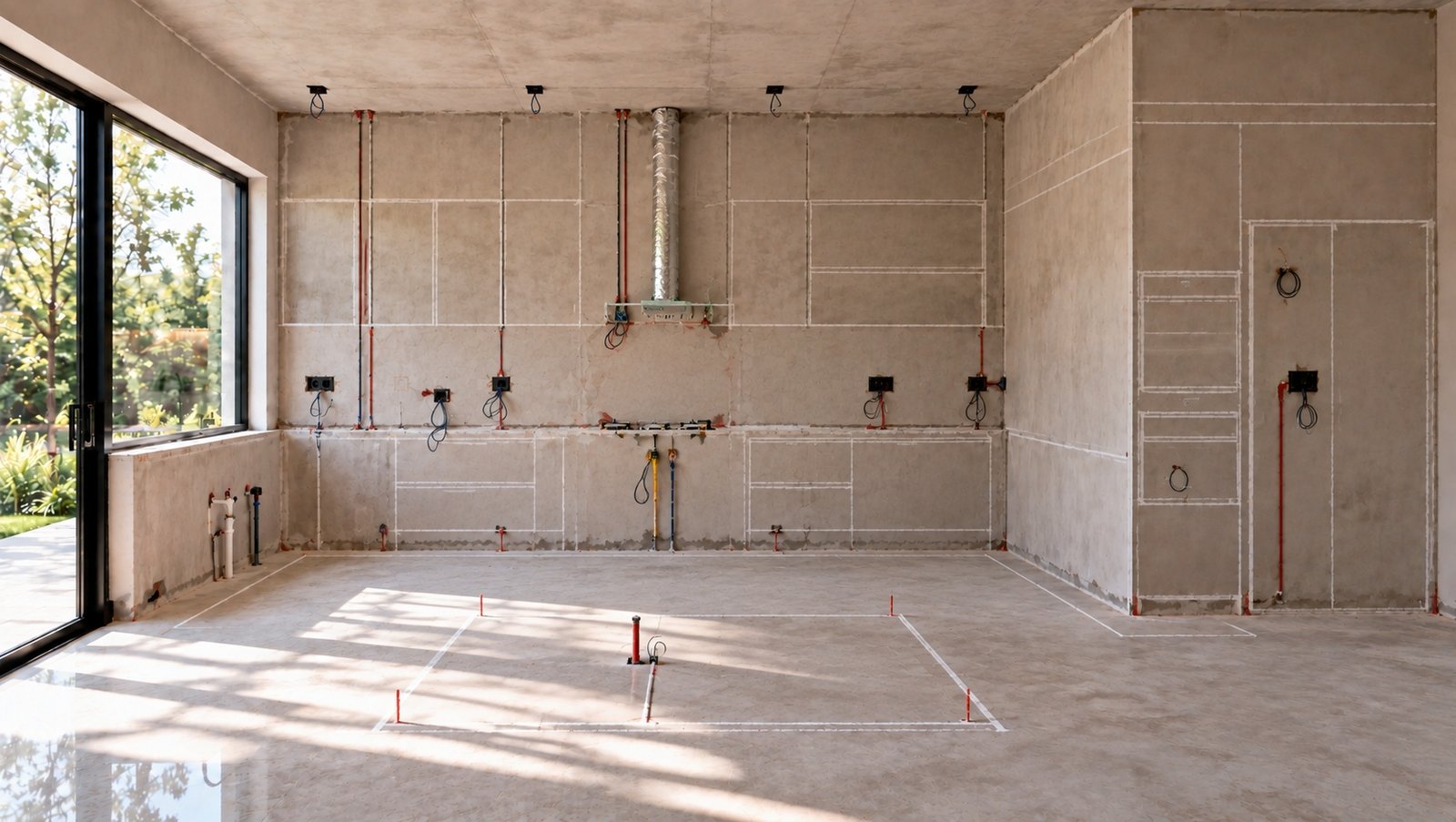 The bare room with services, conduits and the layout set out in chalk lines