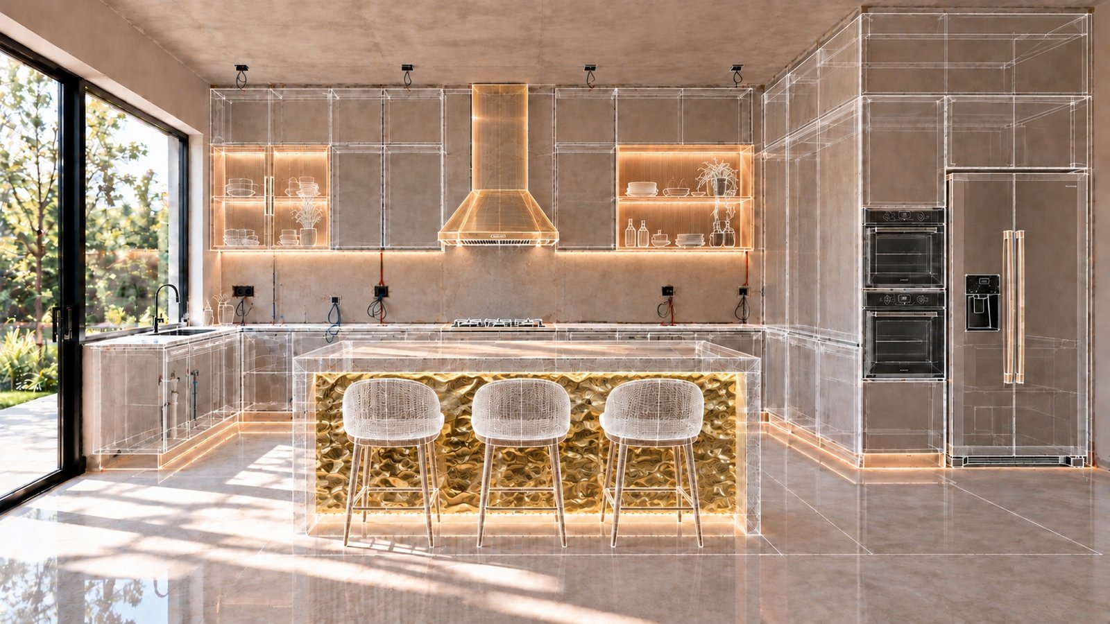 Wireframe of the agreed kitchen drawn over the real room