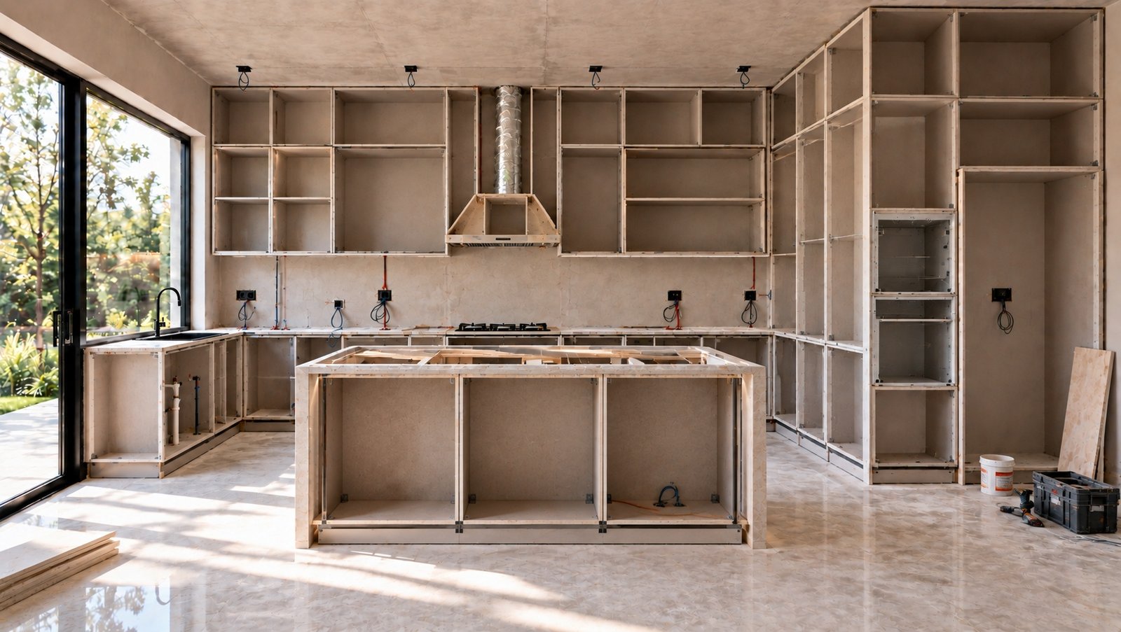 Factory-made carcasses and the island frame installed and levelled