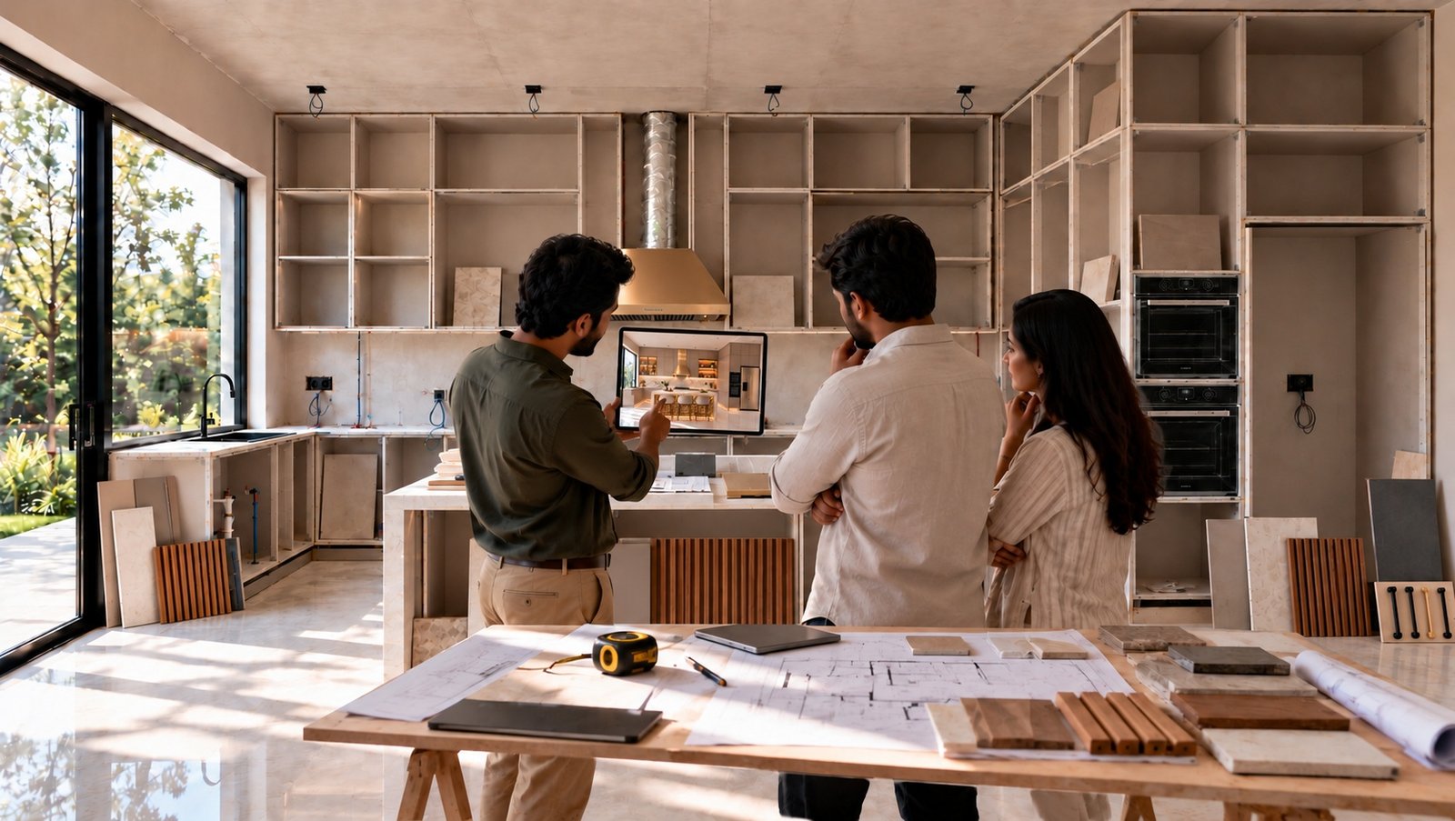 Designer walking the clients through the final render over drawings and samples