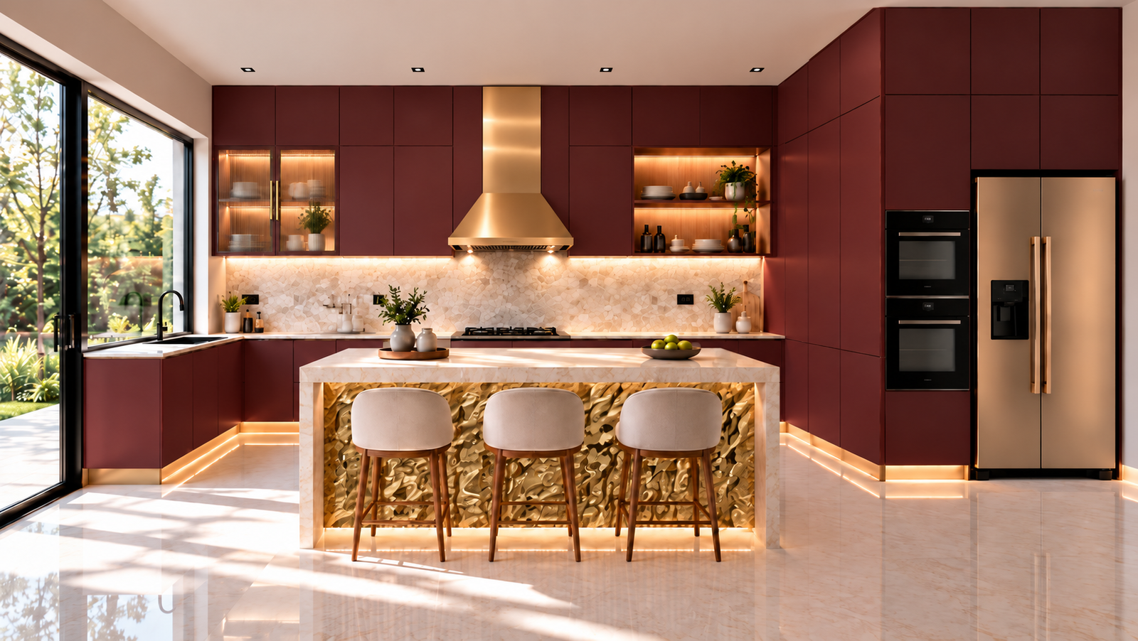 Finished kitchen in burgundy red
